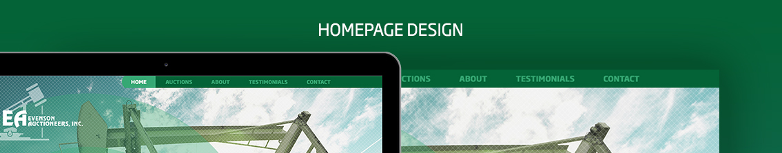 Homepage design text on green background.